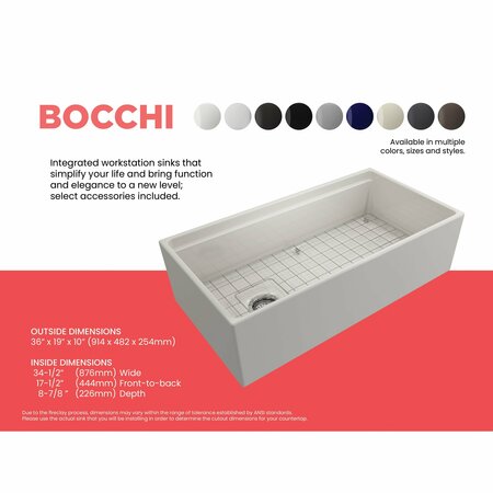 BOCCHI Contempo Workstation Apron Front Fireclay 36 in. Single Bowl Kitchen Sink in Biscuit 1505-014-0120
